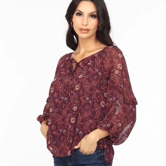 Veronica M Gredana Ruffle Chiffon Blouse- Top, Deep Plum Paisley, Women’s Small - Picture 2 of 14